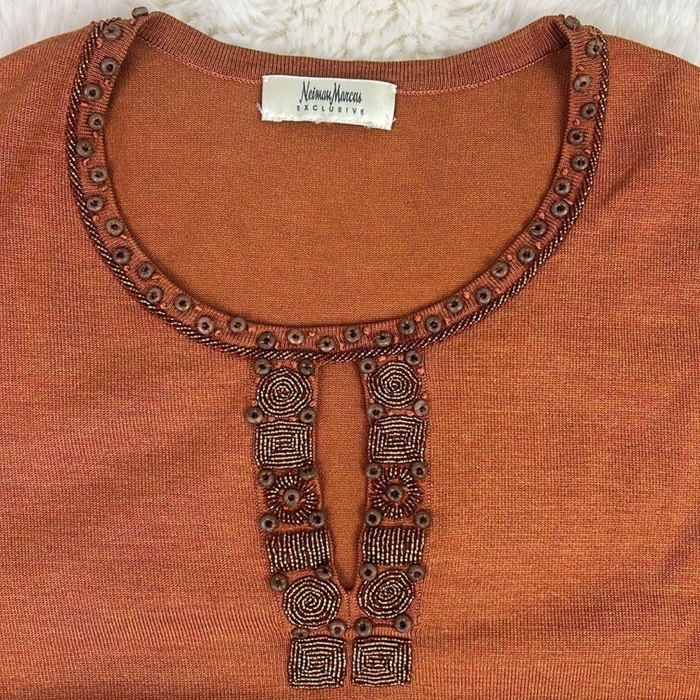 Silk Neiman Marcus Exclusive Crewneck Sweater with Bead Detail Burnt Orange - Picture 2 of 7
